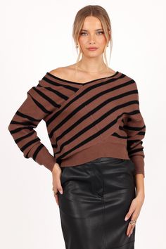 DETAILS   This season, stay warm and stylish with this adorable knit sweater. Featuring a high round neckline and long sleeves with ribbed cuffs, it is perfect for keeping out the winter chill.    v neckline  long sleeves with ribbed cuff  ribbed hem  stripe print design  knitted material  unlined    material - 50% viscose / 22% nylon / 28% PBT    SIZING     model is 5' 8" and wears a Size XS    model stats: bust - 30.5", waist - 24", hips - 36.5"          GARMENT CARE    cold hand wash separate Satin Dresses Long, Satin Dresses Long Sleeve, Black Tie Wedding Guests, White Dress Shoes, Essential Dress, Resort Dresses, Crop Top Tees, Bridesmaid Outfit, Dresses By Length