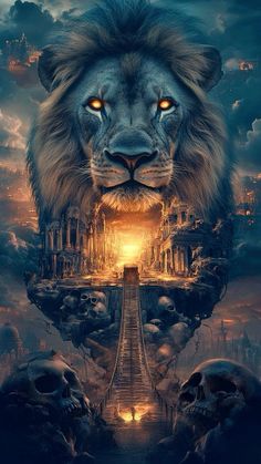 a lion's head with glowing eyes is shown in the middle of a surreal landscape