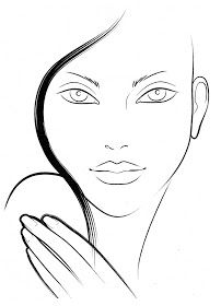 a black and white drawing of a woman's face with her hands on her chest