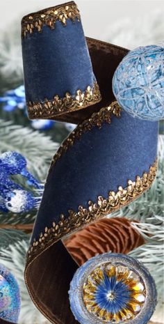 RETAIL PRICE: $118 Per Roll LUXE Designer Ribbon - 4" X 10yds Ribbon, Dusty Blue Velvet Designer Ribbon w/Petite Gold Flower Crystal Jewel Side Edge Design, Wire Edge, Full Roll. NOTE: THIS SAME VELVET DESIGNER RIBBON IS ALSO AVAILABLE IN 1" X 10yds & 2.5" X 10yds (See Separate Listings For Details All Listed Side-By-Side). * * * THIS ETSY LISTING IS FOR THE DESIGNER RIBBON ONLY IN THE PHOTOS * * * 🖥 📱 THERE MIGHT BE A SLIGHT COLOR DIFFERENCE DUE TO SENSITIVE DEGREE OF FABRIC, LIGHTING, & COMP Blue Velvet Ribbon, Ribbon Projects, Flower Crystal, Candle Wrap, Gold Ribbon, Gold Ribbons, Gold Flower, Christmas Ribbon, Edge Design