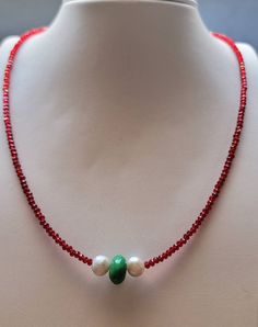 Red Crystals, Freshwater Pearls, Apple Green Turquoise, and sterling silver hook and eye by Veronica Yellowhorse Navajo 18 inches Red Rondelle Jewelry With Natural Stones, Handmade Red Rondelle Jewelry, Hook And Eye, Red Crystals, Apple Green, Green Turquoise, Crystal Necklace, Fresh Water, Freshwater Pearls