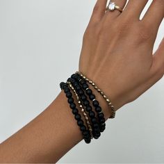 Handmade Jewelry Beaded Bracelets Set Of 5 Black And Gold Beads Elastic Stretch Pull-On Brand New, New With Tags Gold Beaded Bracelet, Black Beaded Bracelets, Stacking Bracelets, Beads Bracelet Design, Bracelets Set, Gold Bead Bracelets, Jewelry Beaded, Bracelet Design, Black Bracelets