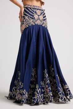 Indigo chanderi lehenga with floral, cords and beaded embroidery. - Aza Fashions Festive Silk Long Skirt Sharara, Festive Art Silk Sharara Long Skirt, Silk Anarkali Sharara With Long Skirt, Silk Dresses With Zari Work Long Skirt, Anarkali Style Silk Sharara, Art Silk Sharara For Festive Occasions, Bollywood Style Embroidered Long Skirt, Bollywood Style Long Embroidered Skirt, Long Skirt With Resham Embroidery For Festivals