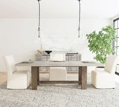 a dining room table with four chairs and a potted plant in the corner next to it