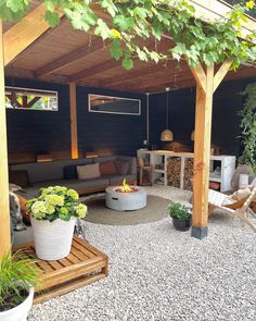 an outdoor living area with seating and fire pit