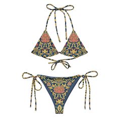 Stay comfortable and stylish all summer with this All-Over Print Recycled String Bikini set. It's made from soft recycled polyester with double-layering and UPF 50+. Style the straps how you like and get ready to swim!  * Soft and stretchy material with UPF 50+ * Sizes up to 6XL * Bikini top comes with removable padding for comfort * Multiple ways to tie and style the bikini set Disclaimers:  * Due to the 2-layered construction and internal stitching, a visible stitch may appear in the crotch seam of the bikini bottom. This is a normal part of the manufacturing process and does not impact the quality or performance of the product. * To make your All-Over Print Recycled String Bikini last longer, thoroughly rinse it off after each use and get rid of any chlorine/salt residue. Printed Tie-side Swimwear For Beach, Printed Tie-side Swimwear For Vacation, Printed Triangle Top Swimwear For Vacation, Beachwear Swimwear With Floral Triangle Top, Beachwear Swimwear With Triangle Top And Floral Print, Hawaiian Triangle Top Swimwear For Poolside, Adjustable Beachwear Swimwear For Vacation, Printed Triangle Top Swimwear For Beach, Adjustable Swimwear For Vacation