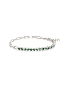 Totally steal the show at your next outing with this Emerald Chain Bracelet! This unique tennis bracelet style is sure to turn heads with its chain and brilliant emerald stones. Everyone will be green with envy! Materials: 14K gold or rhodium plated brass, cubic zirconia Features: Measures 7" with 1" extender, 0.15" width, 2mm CZ stones, Lead & Nickel free, lobster clasp Green Bracelet With Adjustable Chain, Green Bracelets With Adjustable Chain, Formal Green Jubilee Chain Bracelet, Green Chain Bracelet For May Birthstone, Emerald Chain, Tennis Chain, Bracelet Style, Silver Chain Bracelet, Gold Bracelet Chain