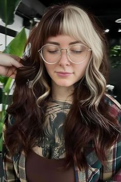 Color Block Baby Bangs Hair Reference Long, Half Colored Hair, Baby Bangs Long Hair, Hair Color Guide, Two Toned Hair, Split Dyed Hair, Baby Bangs, Ponytail Hairstyle