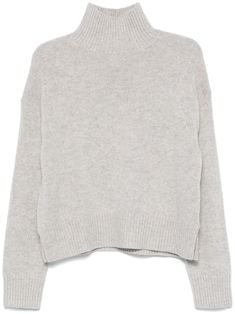 light grey wool-cashmere blend knitted construction high neck drop shoulder long sleeves ribbed cuffs and hem High Collar Shirts, Turtleneck Sweatshirt, Grey Turtleneck, Fall Capsule Wardrobe, High Neck Sweater, Ribbed Knit Top, Collar Sweater, Brown Sweater, Exclusive Fashion