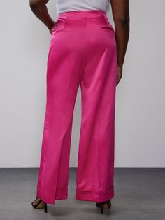 Plus Wide Leg Satin Pant | NY&Co Chic Relaxed Fit Pink Pants, Chic Pink Tapered Leg Pants, Chic Pink Tapered Leg Bottoms, Pink Tapered Leg Bottoms For Fall, Pink Relaxed Fit Wide Leg Work Pants, Relaxed Fit Pink Wide Leg Pants For Work, Relaxed Fit Pink Pants For Workwear, Work Pants For Women, Satin Pant