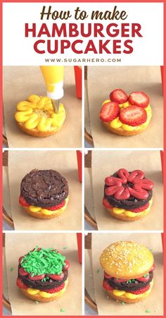 how to make hamburger cupcakes with chocolate frosting and strawberries on top