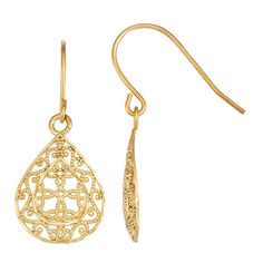 Decorated with ornate filigree details, these 10k gold drop earrings make an eye-catching accessory. Decorated with ornate filigree details, these 10k gold drop earrings make an eye-catching accessory. Length: 17.3 mm Backings: arched wire Metal: 10k gold Finish: diamond-cut Packaging: boxed Size: One Size. Color: Multicolor. Gender: female. Age Group: adult. Intricate 14k Gold Drop Earrings, 14k Gold Filigree Earrings, 14k Gold Drop Earrings With Intricate Design, Intricate Dangle Jewelry For Anniversary, Anniversary Jewelry With Intricate Dangle Design, Classic Intricate Dangle Earrings, Ornate Dangle Jewelry, Ornate 14k Gold Filigree Earrings, Fine Jewelry Dangle Earrings With Filigree