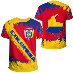 Colombia Founded Brush Style T Shirt Sports Jersey T-shirt With All Over Print, Summer Sports T-shirt With All Over Print, Jersey Short Sleeve Sublimation Top With Letter Print, White Jersey T-shirt With All Over Print, Tie Dye Graphic Print Crew Neck T-shirt, Multicolor Custom Print T-shirt For Sports Events, Sublimation Print Jersey T-shirt For Streetwear, Multicolor Sublimation Print T-shirt For Sports Events, Sports Sublimation Short Sleeve Shirt