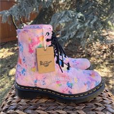 Dr Martens Pink Watercolors Leather Pascal 1460 Air Wair Boots. Featuring Classic Yellow Stitched Edge, Logo Pull-Tab At The Heel, Watercolour Effect, Front Lace-Up Fastening, Round Toe, Flat Rubber Sole. Pink Tutti Frutti Sole: Rubber 100% Lining: Fabric 100%, Leather 100% Outer: Leather 100% New In Box Purple Leather Spring Boots, Trendy Pink Boots For Spring, Spring Purple Leather Boots, Trendy Multicolor Boots For Spring, Trendy Multicolor Spring Boots, Pink Leather Boots For Spring, Multicolor Leather Boots For Spring, Spring Multicolor Leather Boots, Pink High-top Boots For Spring