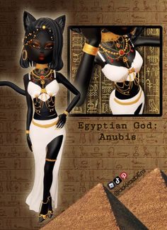 an egyptian woman in white and gold clothing next to pyramids with the words egyptian god annubis on it