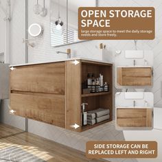 an open storage space in a bathroom with the text side storage can be replaced left and right