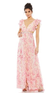 Pink floral print a-line long dress with open back, cut out sides, v-neckline and ruffle shoulder detail. Empire Waist Gown, Gowns Bridesmaid, Floral Gown, Corset Lace, Chiffon Gown, Mac Duggal, A Line Gown, Homecoming Dress, Formal Gowns