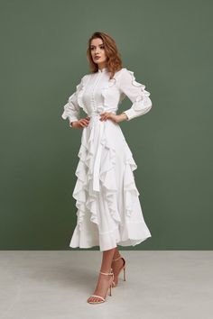 Simple Wedding Dress Chiffon Wedding Dress Buttoned up Ankle - Etsy Wedding Midi Dress With Ruffled Skirt, Midi Wedding Dress With Ruffled Skirt, Midi Length Wedding Dress With Ruffled Skirt, Long Sleeve Chiffon Dress For Wedding, Flowy Ruffle Dress For Wedding, Elegant Wedding Maxi Dress With Ruffles, Elegant Ruffled Maxi Dress For Wedding, White Chiffon Long Sleeve Maxi Dress, White Long Sleeve Chiffon Maxi Dress