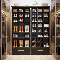 the closet is full of shoes and purses for all kinds of people to use