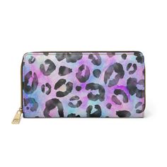 "Multi Color Leopard Print Zipper Wallet-For carrying around all your credit cards, cash, and driver's licenses look no further than this personalized wallet. Made with cruelty-free faux leather, this wallet comes packed with utility and style. Added design creates a daily staple that is unique and full of character. .: Material: Cruelty-free faux leather .: Durable high-quality nylon zip and alloy hardware .: Gold color thread stitching .: Pockets for cash, credit cards, coins, and checkbook .: One size: 7.87\" x 4.33\" (20cm x 11cm)" Trendy Rfid Blocking Wallets For Daily Use, Trendy Bifold Wallet With Rfid Blocking, Trendy Rfid Blocking Bifold Wallet, Trendy Rectangular Wallets For Personal Use, Purple Travel Wallet With Zipper Closure, Travel Wallet With Zipper Closure In Purple, Trendy Wallet With Zipper Pouch, Trendy Purple Wallets For Gifts, Purple Wallet With Zipper For Everyday Use