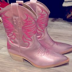 New Size 8.5 Shushop Pink On Pink Metallic Cowgirl Boots Western Style Party Boots With Flat Heel, Western Style Flat Heel Party Boots, Pink Ankle Boots For Summer, Summer Pink Ankle Boots, Trendy Closed Toe Mid-calf Boots For Spring, Pink Mid-calf Boots For Spring Party, Trendy Spring Mid-calf Closed Toe Boots, Pink Western Ankle-high Boots, Pink Ankle-high Western Boots