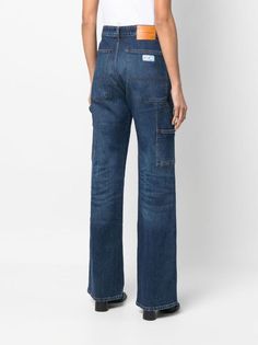 Heron Preston Ex-Ray Carpenter wide-leg Jeans - Farfetch Utility Flare Jeans With Five Pockets In Denim Blue, Wide Leg Utility Jeans With Five Pockets, Utility Wide Leg Jeans With Five Pockets, Blue Utility Flare Jeans With Patch Pockets, Denim Blue Utility Flare Jeans, Dark Wash Full-length Cotton Cargo Jeans, Heron Preston White Jeans, Cotton On Carpenter Jeans, Luxury Washed Blue Cotton Cargo Jeans