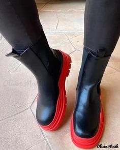 Color: red, Size: US9.5 Spring Boots With Red Sole And Round Toe, Red Casual Platform Boots For Winter, Casual Red Platform Boots For Winter, Casual Red Platform Boots For Fall, Bold Round Toe Winter Platform Boots, Trendy Red High-top Platform Boots, Casual Red Boots With Flat Heel, Casual Red Flat Heel Boots, Casual Boots With Red Sole For Spring