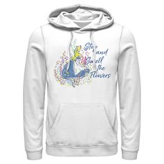 Hop down the rabbit hole and through Tulgey Wood to find your favorite officially licensed style from Disney's Alice In Wonderland Stop and Smell the Flowers Men's Graphic Hoodie! This unique pullover features Alice in her iconic blue dress stopping to smell the flowers and the phrase: "Stop and smell the flowers" printed in blue lettering next to her. You'll be "Mad as a Hatter" if you skip out on this apparel, so grab one today! Disney Cotton Hoodie With Drawstring Hood, Disney Cotton Hoodie With Drawstring, Disney Cotton Hooded Sweatshirt, Cotton Disney Hooded Sweatshirt, Casual Hooded Sweatshirt For Disney Fan Events, Disney Cotton Hoodie With Character Print, Disney Cotton Hoodie Sweatshirt, Cotton Hoodie For Disney Fan Events, Cotton Hooded Hoodie For Disney Fan Events