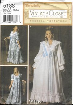 1920's victorian nightgown  and robe sewing pattern  by designer teresa nordstrom simplicity vintage closet 5188 - uncut, factory folds women ladies misses c 2004 size - xs (6-8), s (10-12), m (14-16) ruffled nighgown and robe pattern   turn of the century pattern to 1925 great pattern for stage plays - shakespeare theatre! this sale is for the pattern only and not a finished product. pattern is uncut with factory folds!  in excellent condition. thanks so much for visiting my etsy store. Nightgown And Robe, Victorian Nightgown, Nightgown Pattern, Costume Sewing, Nightgown Robe, Patron Vintage, Women's Sewing Pattern, Costume Sewing Patterns, Vintage Closet