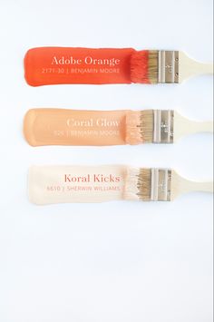 three orange and white paint brushes on a white surface with the words adobe orange, coral glow, koral kicks