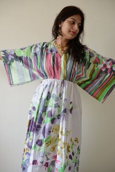 Buttoned Butterfly Sleeves Empire Waist Watercolor Kaftan Dress Summer Dress Long Maxi loungewear be Multicolor Tunic Dress For Beach Party, Flowy Multicolor Beachy Maxi Dress, Green Flowy Maxi Length Cover-up, Flowy Green Maxi Length Cover-up, Free Size Dress For Spring Beach Party, Green Maxi Length Spring Cover-up, Free Size Dress For Beach Party In Spring, Beachy Free Size Dresses For Spring, Spring Beach Party Free Size Dresses