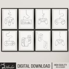 a set of nine black and white pictures with video game controllers on them, all in different sizes