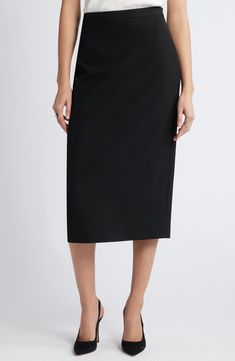 The smooth, stretchy fabric of this streamlined pencil skirt lets you effortlessly transition from desk to dinner. Lined 68% polyester, 28% viscose, 4% spandex Dry clean Imported Black Elastane Pencil Skirt For Office, Black Elastane Pencil Skirt For Work, Classic Stretch Midi Pencil Skirt, Formal Stretch Pencil Skirt In Solid Color, Elegant Workwear Skirt With 4-way Stretch, Solid Color Stretch Pencil Skirt For Formal Occasions, Modern Knee-length Pencil Skirt For Formal Occasions, Stretch Solid Color Pencil Skirt For Formal Occasions, Stretch Pencil Skirt For Formal Occasions