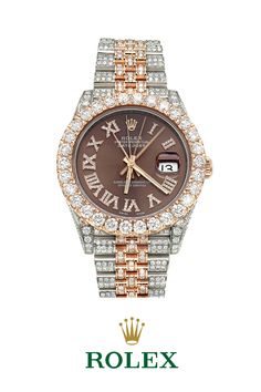 $40,000.00 Off Saving 58%. This eye catching Iced Out Two Tone Rolex Oyster Perpetual Datejust Mens Diamond Watch is made of solid 18K rose gold and stainless steel and showcases 21 carats of dazzling VS/SI clarity diamonds masterfully set in a bezel, sides, dial, band and clasp of this amazing Rolex watch. Featuring a fully iced out look, this unique Rolex watch has an exquisite dial with roman numerals encrusted with diamonds. This Rolex watch is conveniently water resistant to 30 m (100ft). Rolex Datejust Ii, Datejust Ii, Diamond Watches For Men, Oyster Perpetual Datejust, Gold Watch Men, Big Diamond, Rose Gold Watches, Rolex Oyster Perpetual, Unisex Bracelets