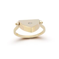 14kt Mother of Pearl Flip Ring Inspired by the Egyptian Revival style flip ring. Specially cut mother of pearl is set in solid gold and accented with a brilliant diamond on the flip side. We love a versatile piece and this simple yet chic stunner can be worn on either side depending on your mood. 14kt Yellow Gold 3.51gm Gold 0.03ct Diamonds 10.8mm x 10.6mm Mother of Pearl Made in New York City Luxury Yellow Gold Opal Ring With Polished Finish, Luxury Polished Moonstone Ring In 14k Gold, Luxury 14k Gold Moonstone Ring With Polished Finish, Luxury 14k White Gold Opal Ring, Luxury 14k White Gold Moonstone Ring, Modern 14k Gold Opal Ring With Polished Finish, Modern Opal Ring In 14k Gold With Polished Finish, Yellow Gold Moonstone Ring With Polished Finish, 14k Gold Rings With Rotating Bezel For Anniversary