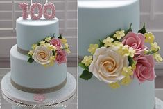 two pictures of a white cake with pink and yellow flowers on the top, and one is decorated with roses