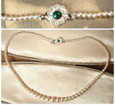 "Offering a stunning vintage 1940s era Art Deco high quality rich ivory glass pearl necklace with emerald green and crystal rhinestone clasp. The perfect \"Something Old\" for the bride!  (Glass pearls are sought after because they mimic real pearls in weight and appearance.)  The necklace features a single strand of graduated lustrous glass pearls in a gorgeous warm ivory color.  The strand comes together in the back with an exquisite silver rhodium plated pinch clasp that is encrusted with a c Vintage Pearl-embellished Jewelry For Formal Events, Vintage Pearl-embellished Jewelry For Formal Occasions, Vintage Pearl Embellished Jewelry For Formal Occasions, Elegant Single Strand Bridal Necklace For Wedding, Vintage Single Strand Jewelry For Wedding, Vintage Single Strand Wedding Jewelry, Classic Pearl Necklace With 17 Jewels For Wedding, Vintage Pearl White Wedding Jewelry, Vintage Pearl Jewelry For Evening