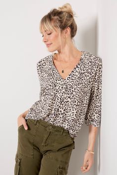 SANCTUARY Johnny Collar Top | EVEREVE Leopard Print Summer Workwear Top, Summer Workwear Leopard Print Tops, Summer Leopard Print Top For Work, Summer Leopard Print Tops For Workwear, Casual Viscose Top With Split Neck, Leopard Print Tops For Summer Workwear, Printed Viscose V-neck Top, Johnny Collar, Feminine Blouses