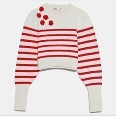 Nwt Women’s Zara Knit Sweater With Stripes Ecru/Red 6771/024 Chunky Knit Top, Sweater With Stripes, Zara Knit Sweater, Oversized Knit Cardigan, Cropped Knit Sweater, Cropped Cardigan Sweater, Black Knit Sweater, Claudia Schiffer, Zara Knit