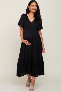 Black Satin Smocked Maternity Midi Dress – PinkBlush Black Maternity Dress Photoshoot, Maternity Dress Photoshoot, Black Maternity Dress, Ruffle Hem Skirt, Maternity Midi Dress, Black Satin Dress, Smocked Top, Hem Skirt, Pink Blush Maternity