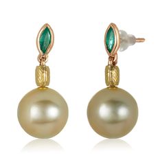 Lustrous round natural yellow South Sea pearls attached with marquise emerald bezel set in 14k gold studs, textured gold cones in between. Pearl meas: 12mm Emerald measure: 6 x 3mm Handcrafted at Mabel's San Fransisco Atelier Green Pearl Earrings For Formal Occasions, Green Round Pearl Earrings For Formal Occasions, South Seas, Emerald Earrings, Sea Pearls, South Sea Pearls, Gold Texture, Pearl Drop Earrings, Pearl Drop