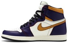 The iconic Air Jordan 1 silhouette was a skate staple in the 80s due to its full-leather construction and tough midsole/outsole combination. Working together again with Nike SB . the Air Jordan 1 returns in this ‘Lakers vs. Bulls’ edition that launched in May 2019. This colorway pays homage to the legendary matchup through a Court Purple and University Gold scheme on the leather upper that wears away to reveal red and black alternate hues. Lateral Swooshes . a Wings logo and nylon to Jordan 1 Milan, Tenis Nike Air, Jordan 1 High Og, Wings Logo, Air Jordan 1 Retro High, Together Again, Basketball Sneakers, Air Jordan 1 High, Air Jordan 1 Low