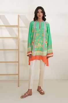 Eida Cool Morning, Pink Shades, Slim Fit Trousers, Botanical Print, Pale Yellow, Raw Silk, Silk Shirt, Straight Cut, Above The Knee