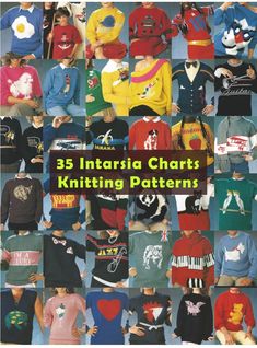 the front cover of 35 intarsia shirts knitting patterns, with images of people wearing sweaters and hats