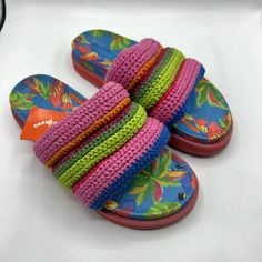 New With Tags There Is A Small Flaw On The Inside Of One Of The Heels See All Photos Of Shoes Farm Rio Blue Macaw Crochet Anatomic Slide Sandal Rainbow Multicolored Padded Crochet Cotton Uppers Rubber Soles With Tropical Print Cotton Footbeds Comfortable Multicolor Beach Sandals, Comfortable Multicolor Sandals For Beach, Multicolor Tropical Sandals For Spring, Multicolor Tropical Spring Sandals, Comfortable Multicolor Sandals With Round Toe, Comfortable Multicolor Sandals With Cushioned Footbed, Comfortable Multicolor Slip-on Sandals, Casual Open Toe Textile Sandals, Multicolor Slip-on Sandals With Textured Footbed