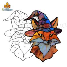 a stained glass fox with a hat on it's head