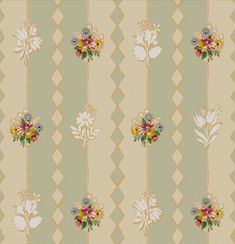 a wallpaper pattern with flowers and leaves on green, beige and white chevron background