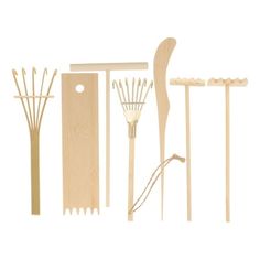 wooden utensils are lined up on a white background