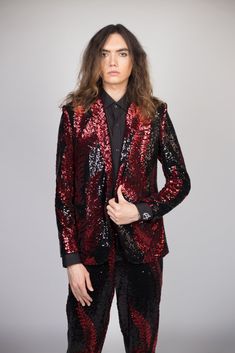 Any Old Iron Red Leaf Sequin Suit Gala Attire, Sequin Suit, Regal Design, Iron Red, Sequin Design, Kate Bosworth, Rocker Style, Red Sequin, Flare Trousers