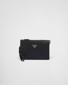 Prada Saffiano, Triangle Logo, Leather Wristlet, Leather Pouch, Wrist Strap, Front Zipper, Leather Belt, Prada, Metallica